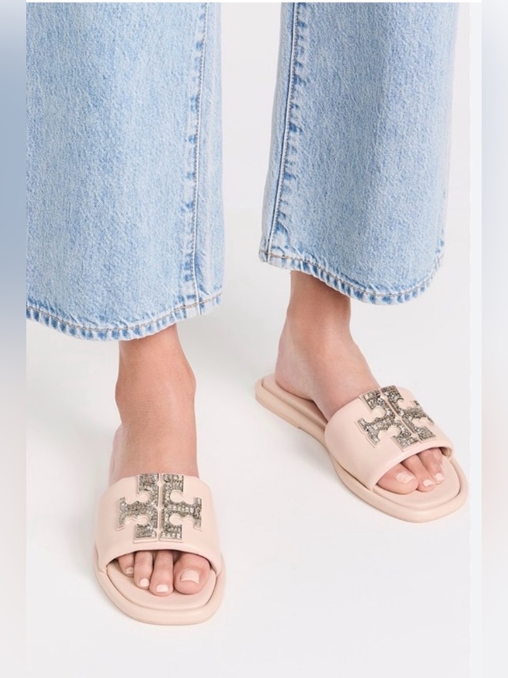 Tory Burch Shell Rose Pink Double T Crystal Deco Sport Slide Sandals - Picture 13 of 14